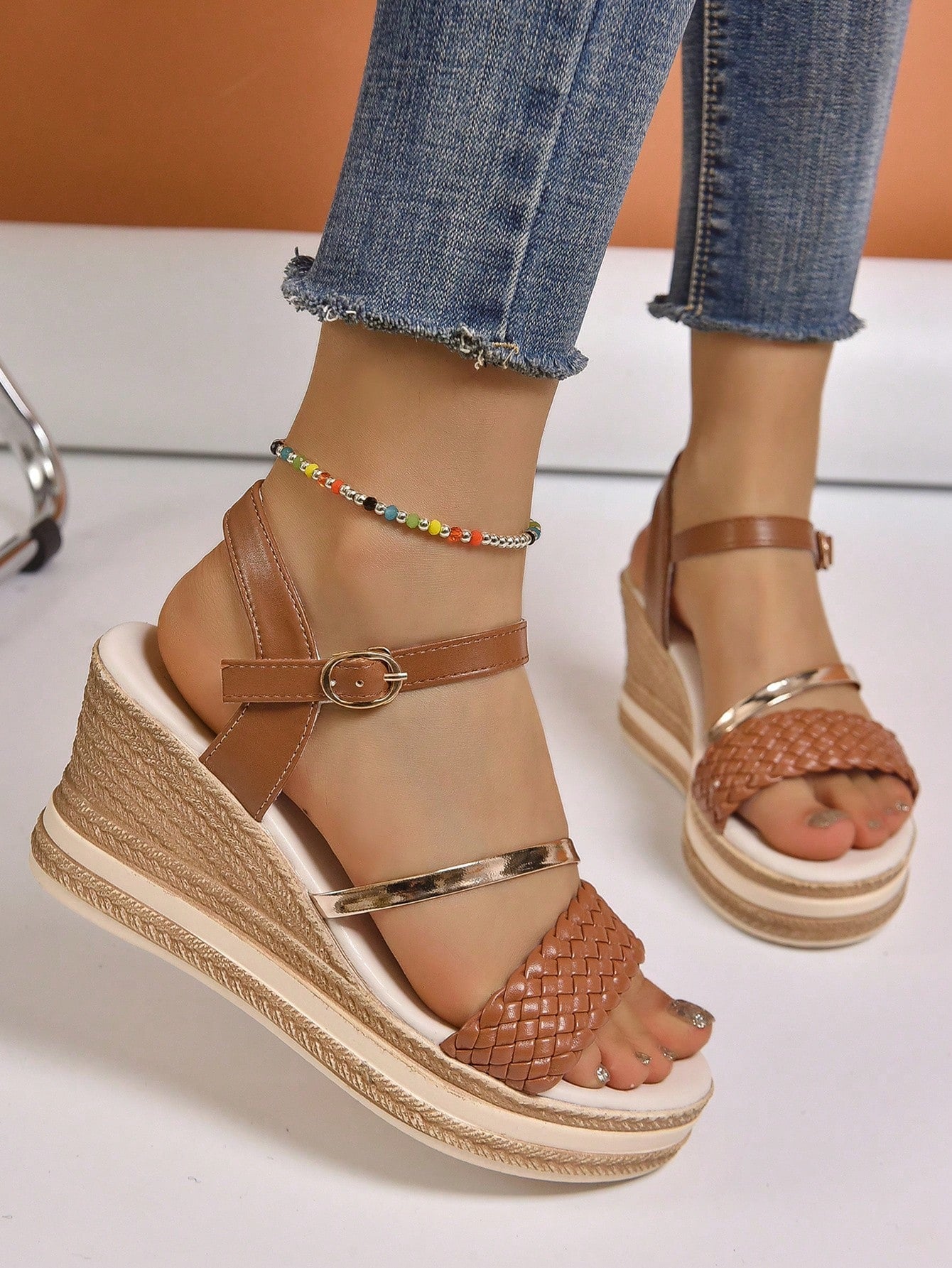 Women's Fashionable Chunky Wedge Sandals With Platform And Jute Rope Bottom