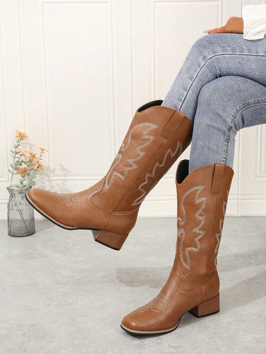 Plus Size Forest Style Brown Elegant Detail V-Shaped Embroidery Western Booties Fashionable Casual Slip-On Mid-Calf Boots