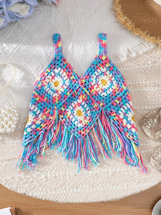 Young Girl Colorful Woven Fringe Halter Sweater, Perfect For Vacation