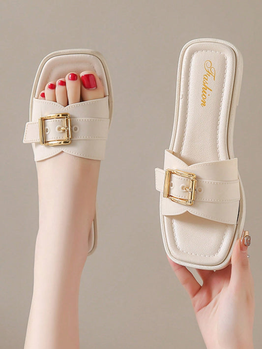 Women Fashionable And Lightweight White Sandals, Simple Design With Buckle, Soft And Comfortable Antiskid, Antibacterial And Deodorizing Softsoled Open-Toe Flat Sandals For Summer, Outdoor Activities And Indoor, Holiday Or Home, Slippers