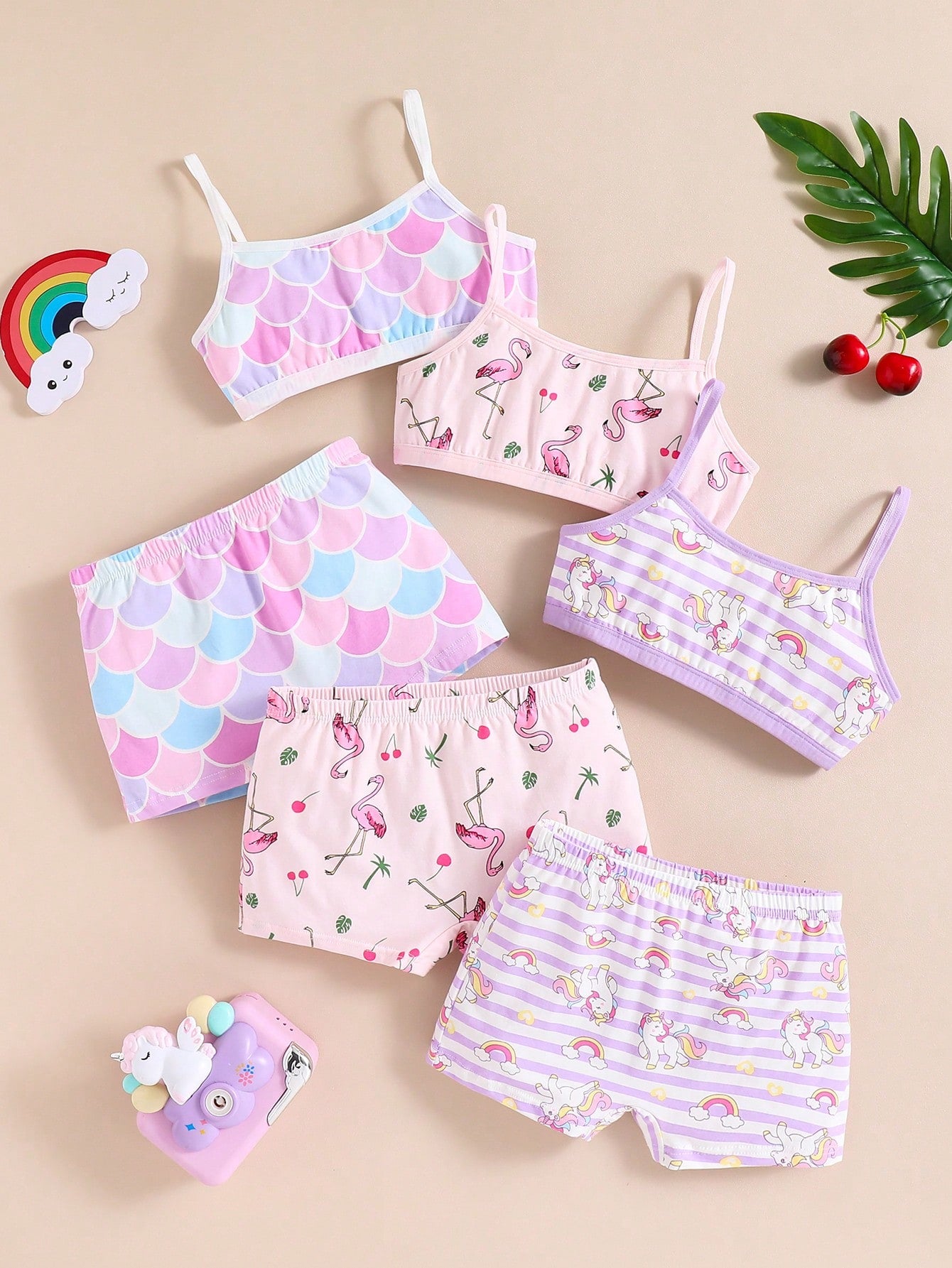 3pcs/Set Girls Cotton Cute Unicorn & Flamingo Themed Underwear Sets