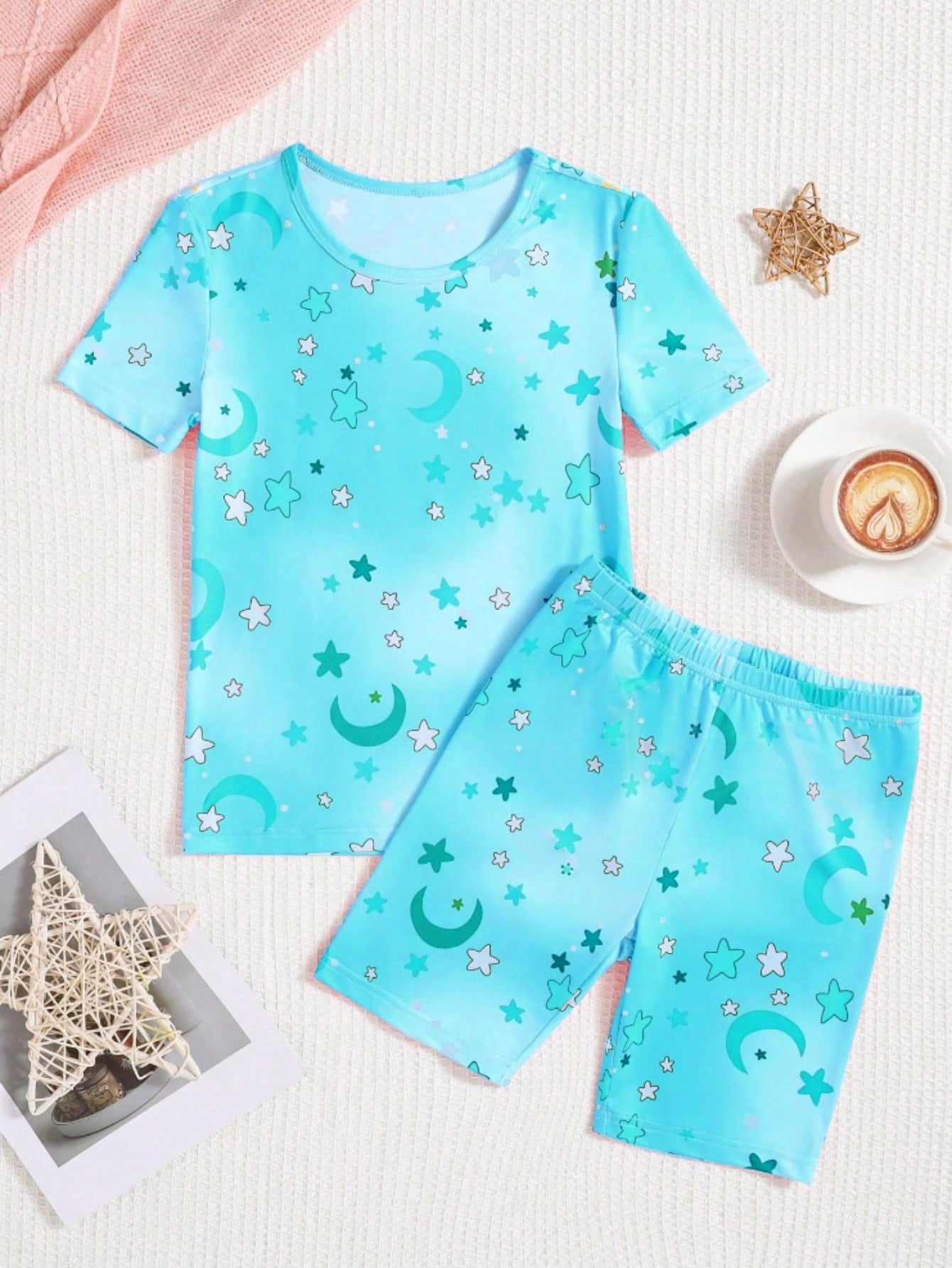 Tween Girl Starry Print Short Sleeve Round Neck T-Shirt And Shorts Casual Tight-Fitting 2-Piece Homewear Set