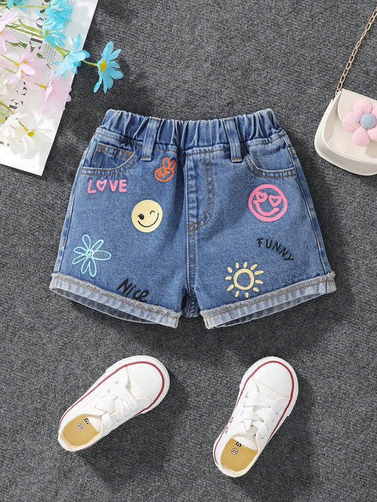 YOUNG GIRL Y2K Street-Style Cool Hand-Painted Graffiti Fully Elastic Waist Roll-Up Hem Denim Shorts