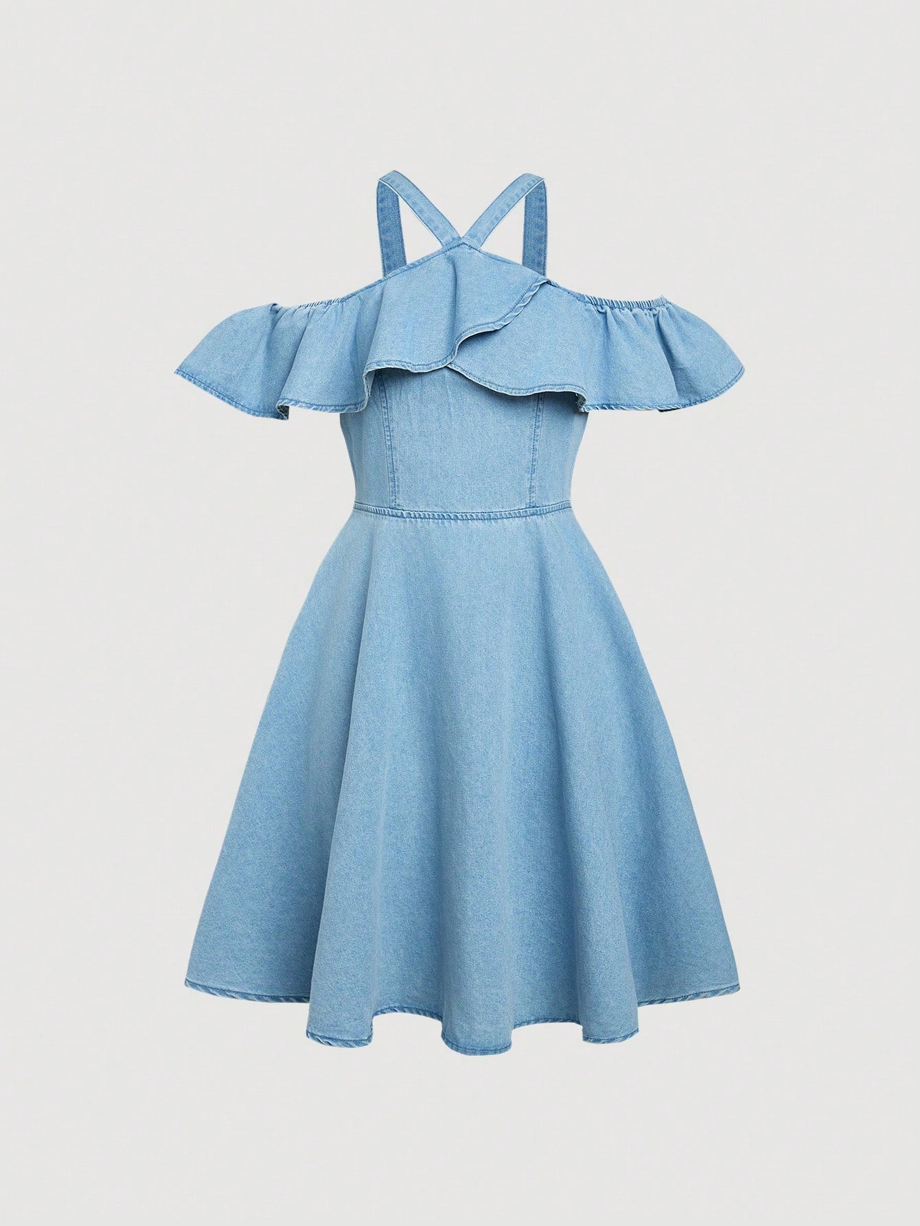 Teen Girl Denim Dress, Washed, Casual, Fashionable With Ruffle Collar And Off-Shoulder Design For An Elegant Look, Spring/Summer