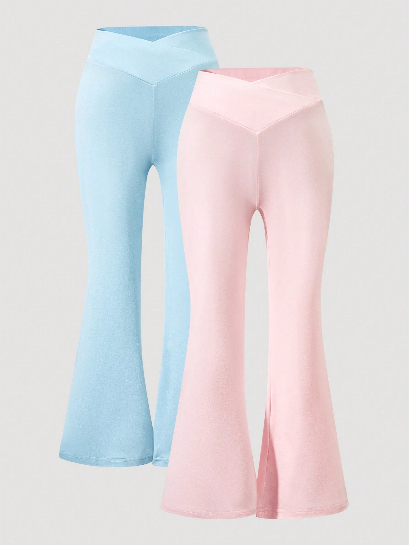 Set Of 2 Solid Color Irregular Wide-Leg Pants For Tween Girls, Fashionable And Comfortable, Dual-Tone Fabric, High-Waisted Design