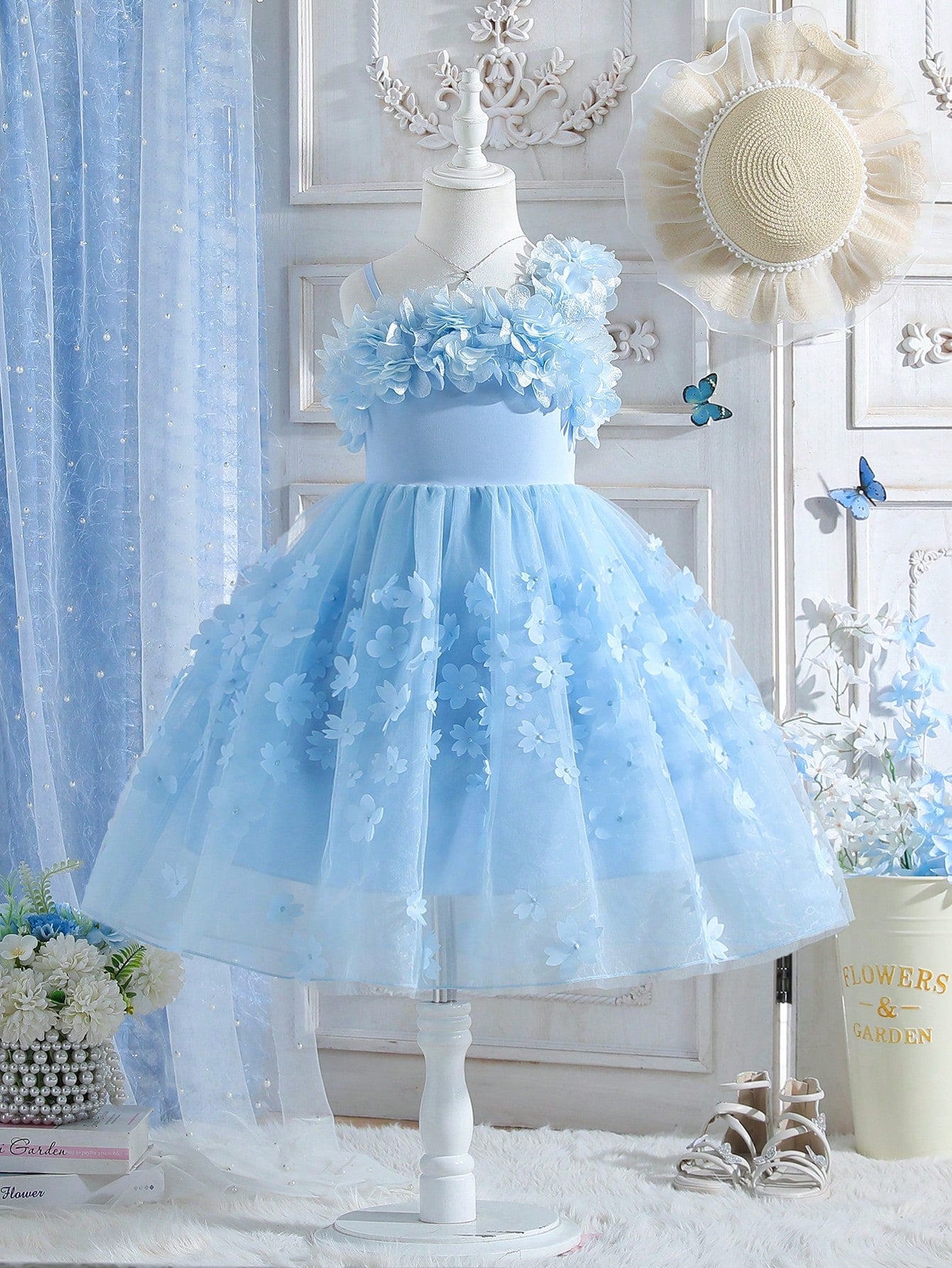 Blossomsprite Kids Young Girl 3D Flower Applique Mesh Puffy Skirt Formal Dress For Performance, Evening Party And Birthday Party