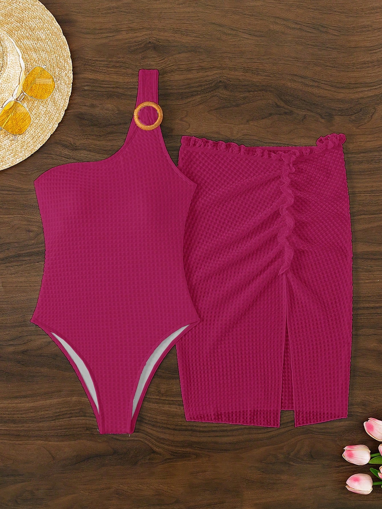 Swim Summer Beach 2pcs/Set Women's Single Shoulder One-Piece Swimsuit With Cover-Up Skirt