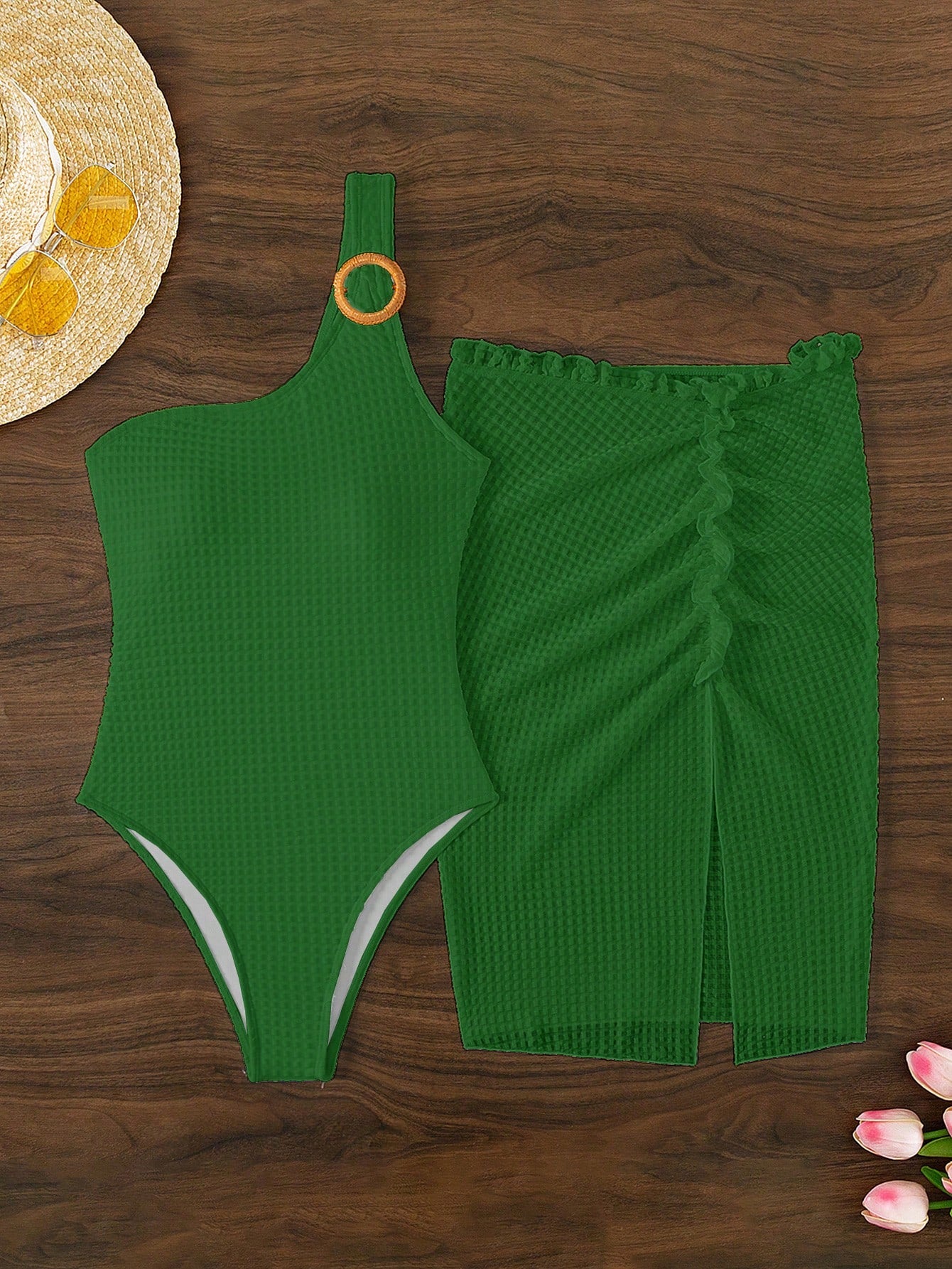 Swim Summer Beach 2pcs/Set Women's Single Shoulder One-Piece Swimsuit With Cover-Up Skirt