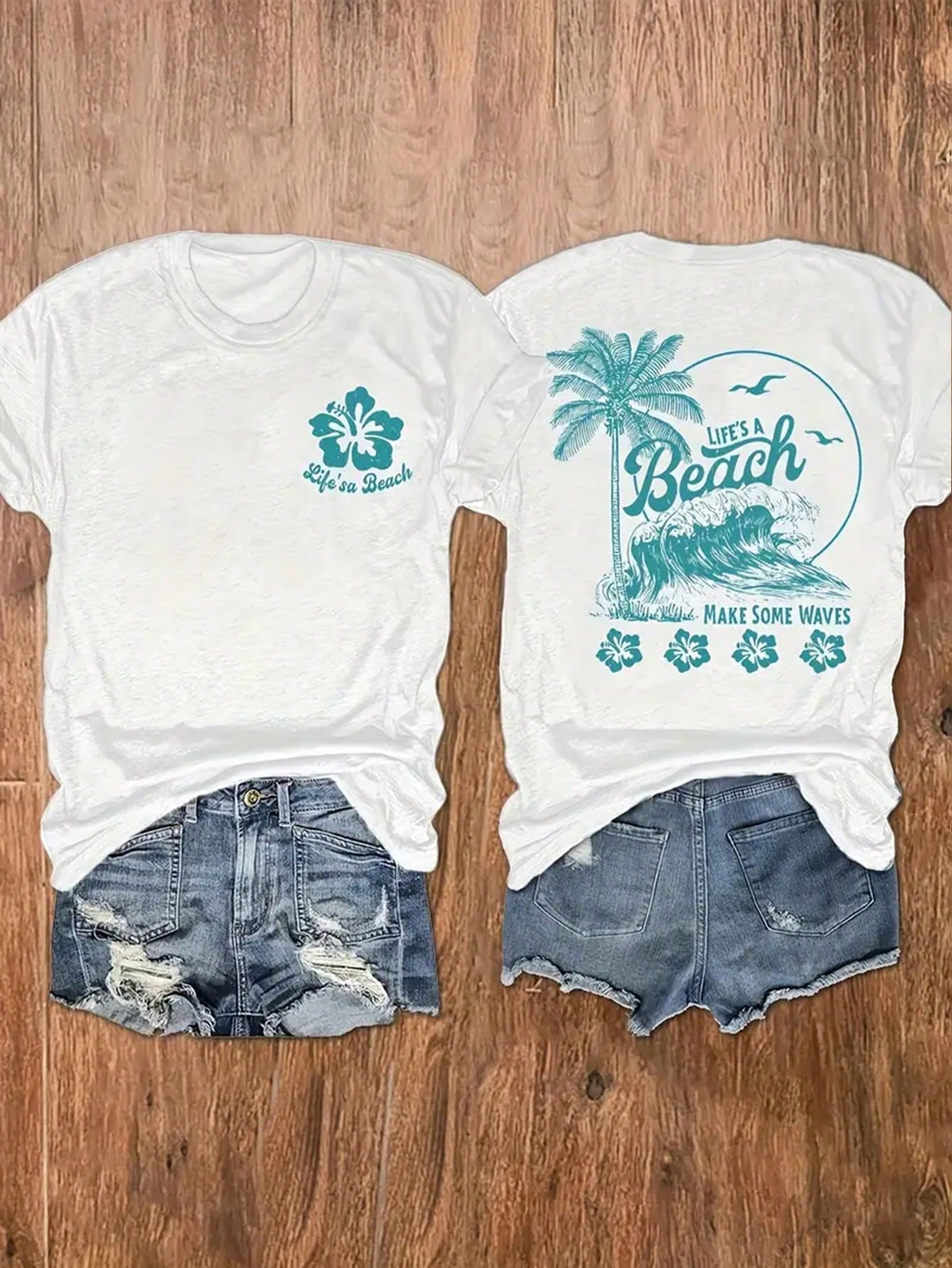 Women's Lotus & Beach With Palm Trees Pattern Round Neck Short Sleeve T-Shirt For Summer