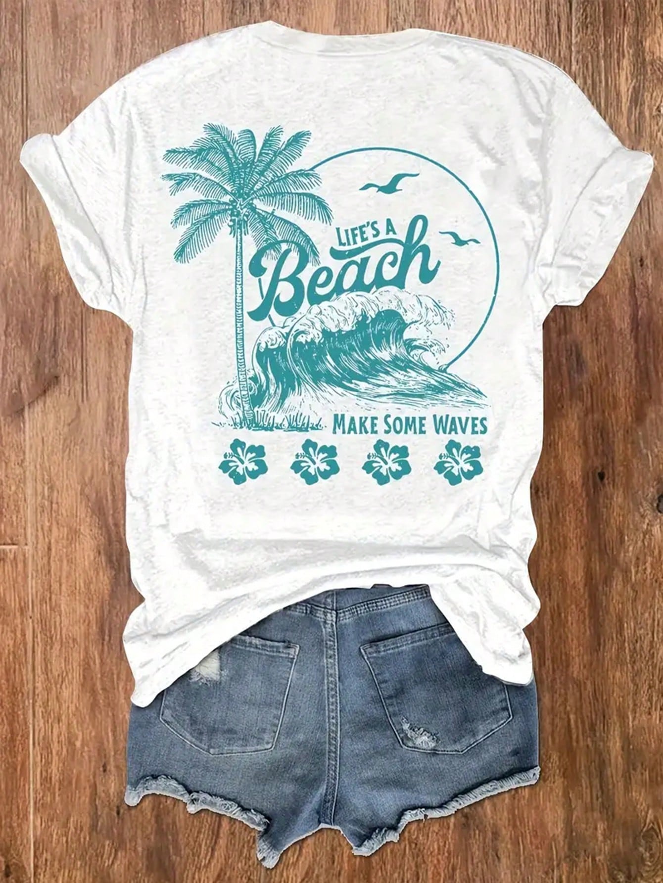 Women's Lotus & Beach With Palm Trees Pattern Round Neck Short Sleeve T-Shirt For Summer