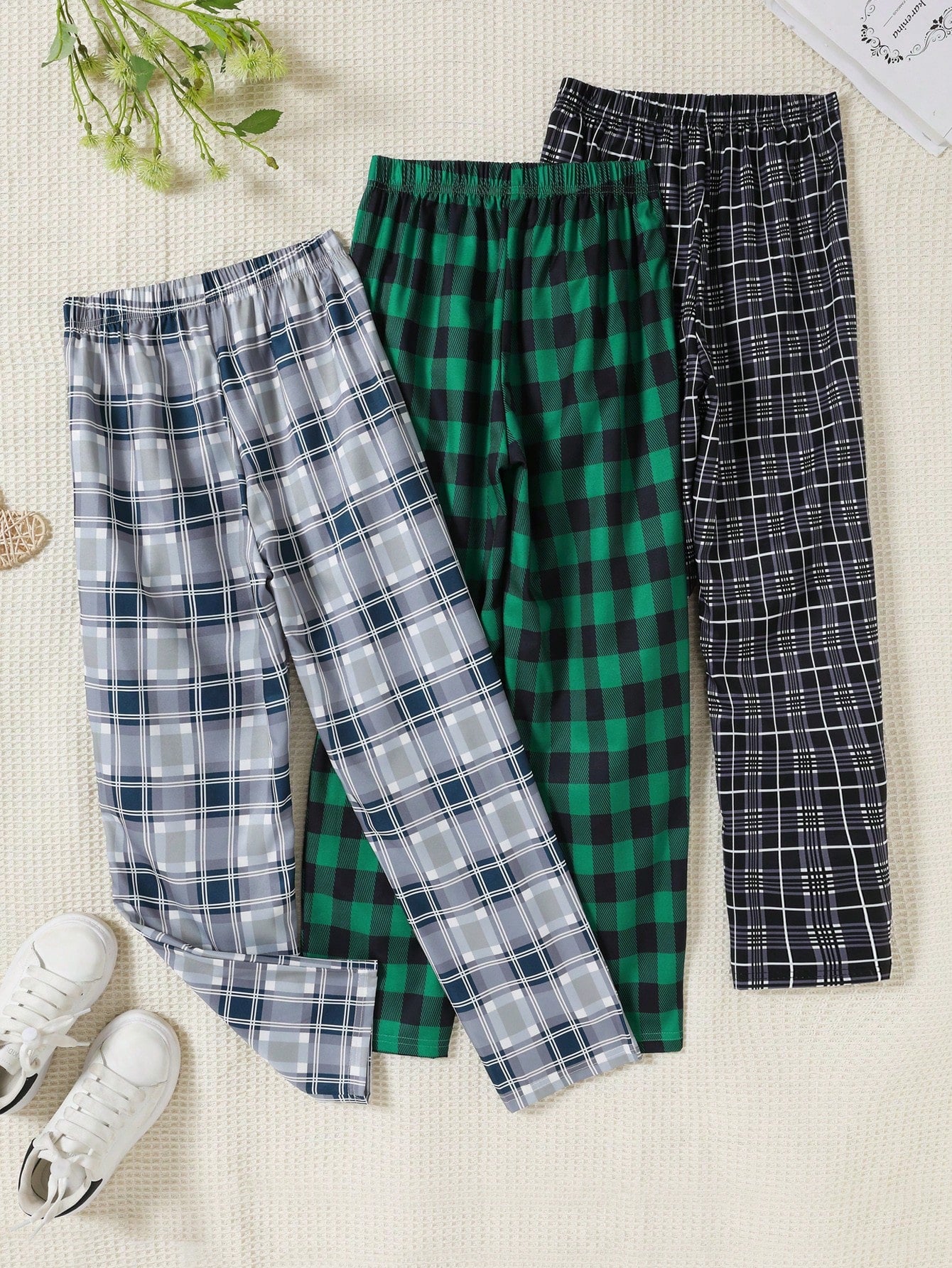 3pcs/Set Tween Boy Classic Check Printed Pants, Retro Plaid Pattern, High Waist Design, Soft Fabric