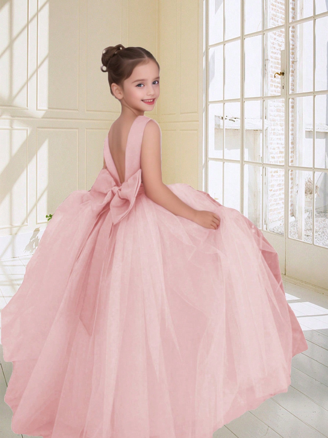 Tween Girl Flower Elegant Mesh Dress With Pearl & Bow Detail For Wedding, Party, Evening