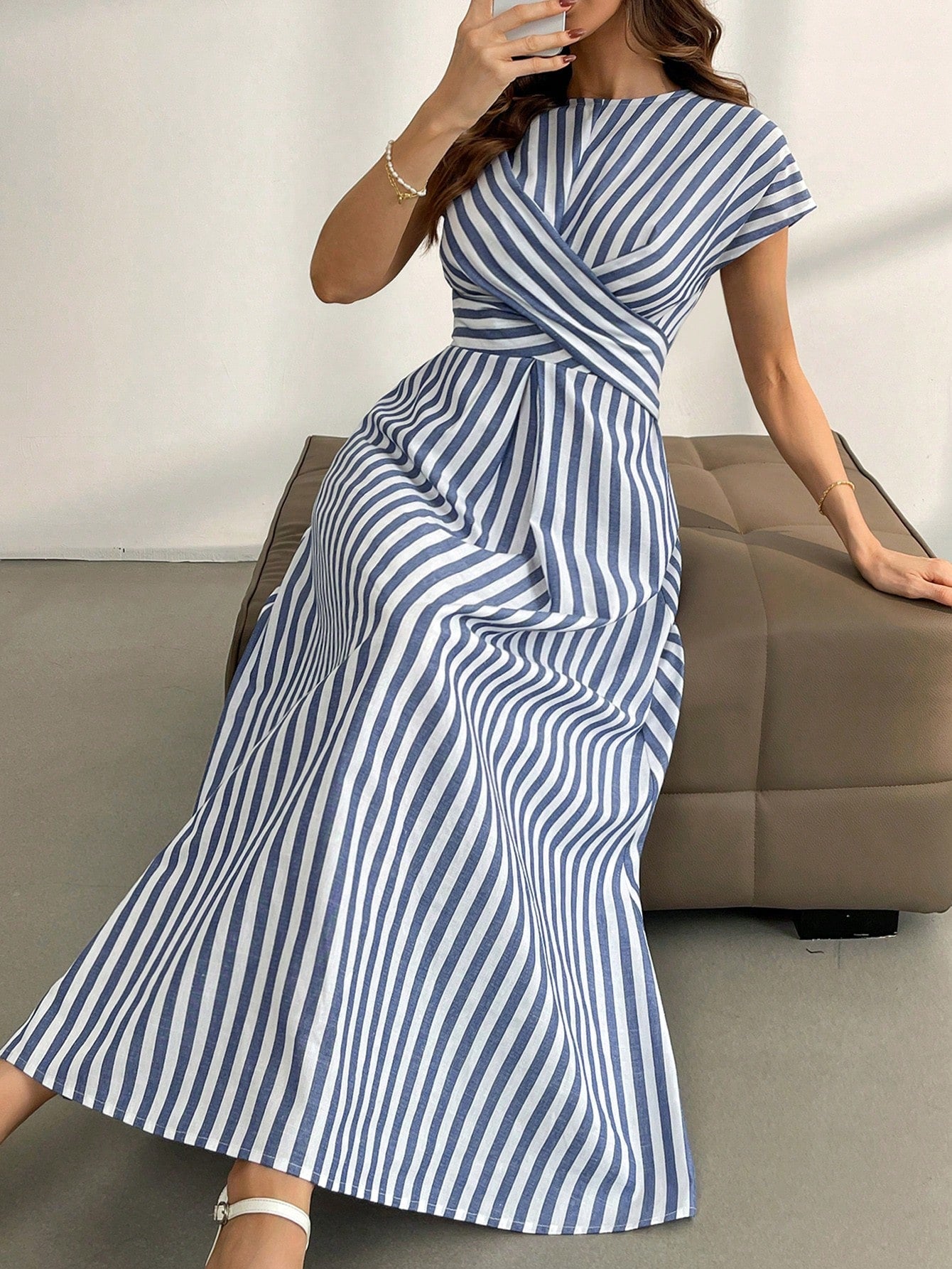 Women Plain Cross-Front Blue And White Striped A-Line Dress