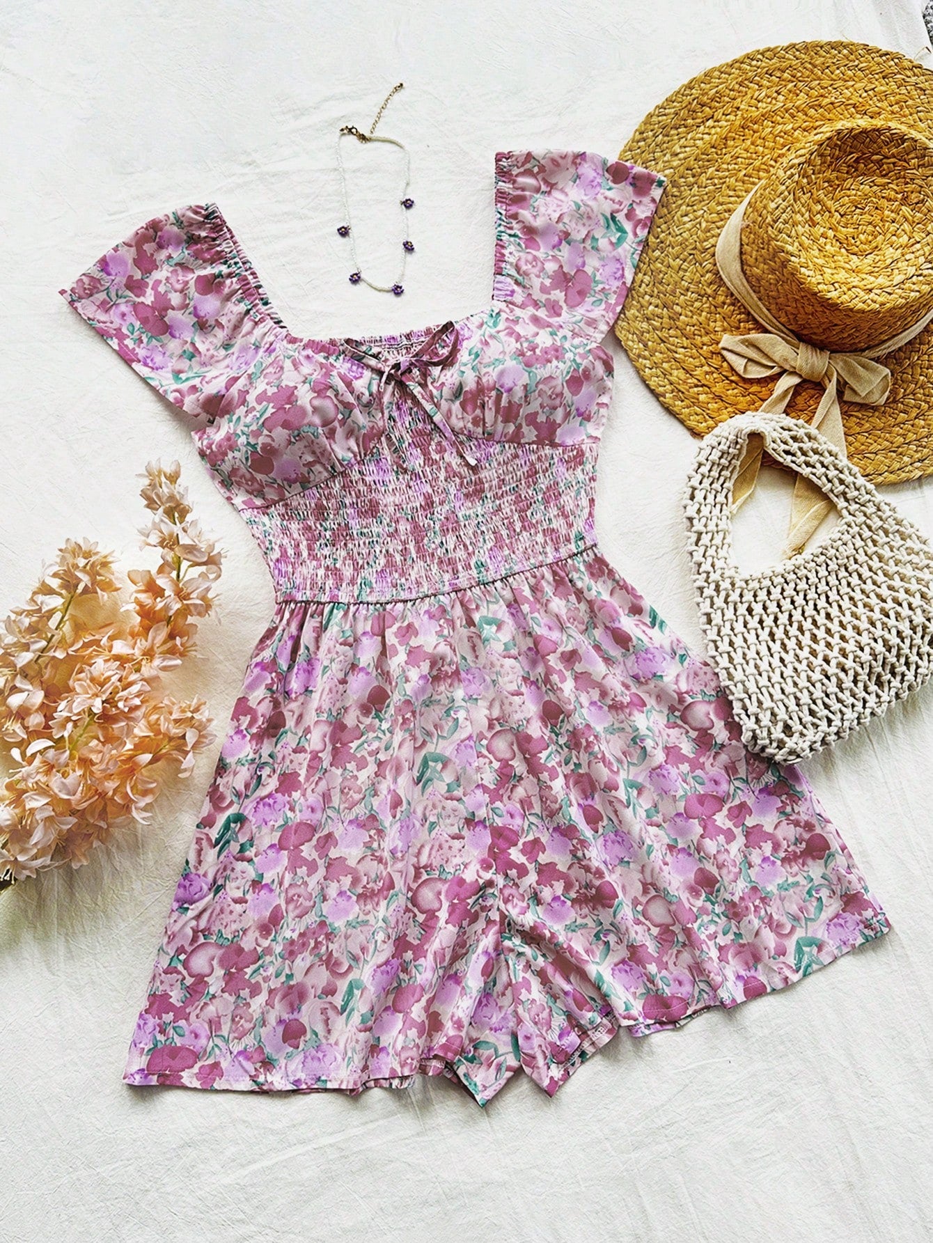 Small Floral Print Wrap Front Romper With Cinched Waist