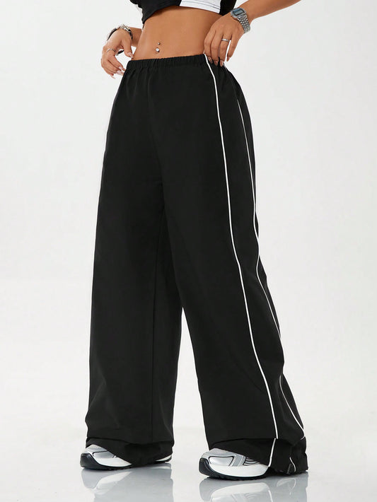 Coolane Y2k Street-Style Versatile  Wide-Leg Pants, Low Waist Drawstring Waist Contrast Piping Pants