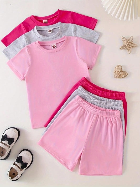 6pcs/Set Young Girl Casual Solid Color Short Sleeve T-Shirt And Shorts, 3 Sets, Summer