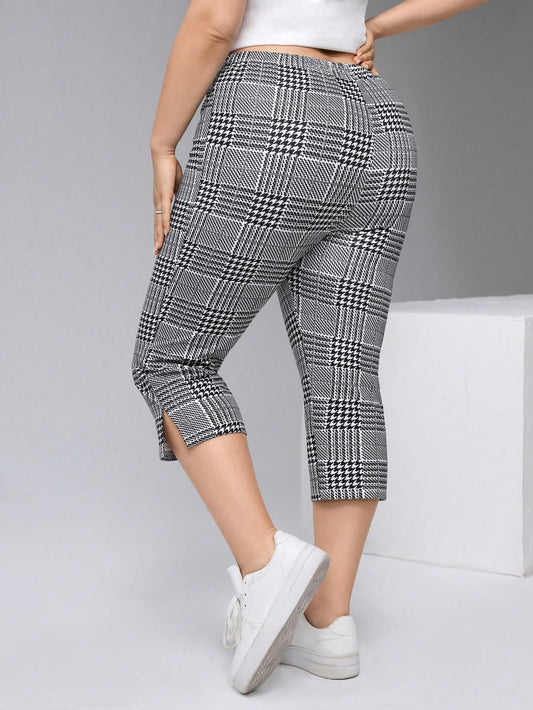 Plus Size Casual Plaid High Slit Mid-Calf Slim Fit Leggings