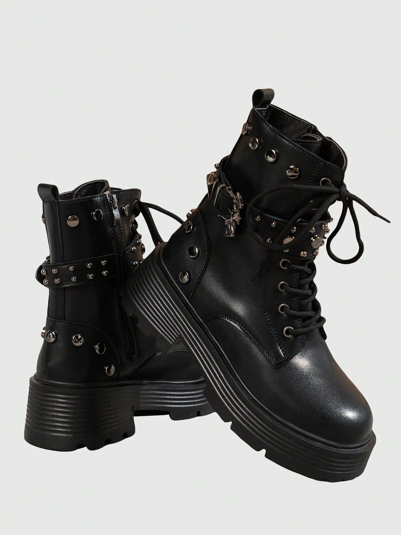 Goth Women Studded Decor Lace-up Front Combat Boots, Punk Outdoor Fashion Boots