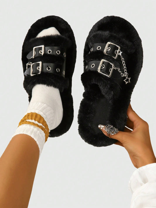 Goth Fashionable And Versatile Outer Wear, High-end Thick-soled Star Chain Furry Slippers