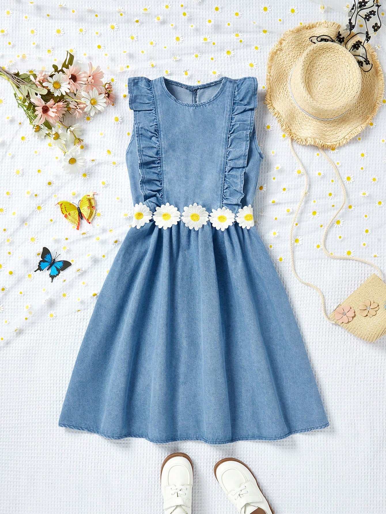 Tween Girl Daisy Applique Round Neck Denim Dress With Ruffle Trim, Casual