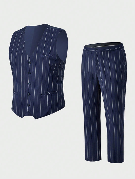 Plus Size Men's Summer Striped Printed Vest And Trousers Business Travel Suit Set