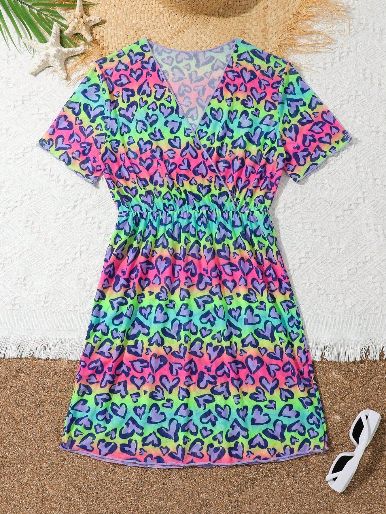 Tween Girl Holiday Love Print Overlap V-Neck Short Sleeve Cover-Up Dress