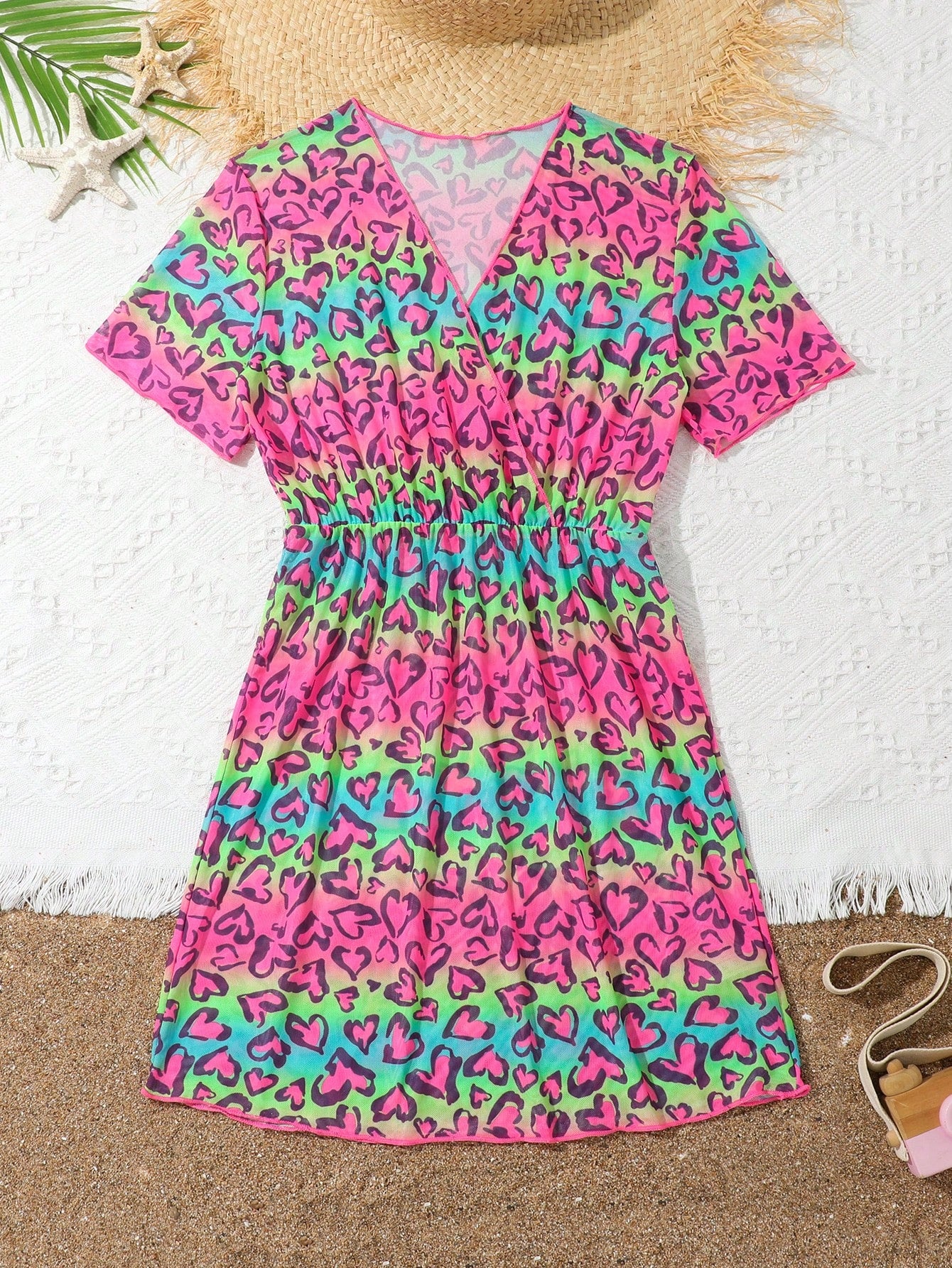 Tween Girl Holiday Love Print Overlap V-Neck Short Sleeve Cover-Up Dress