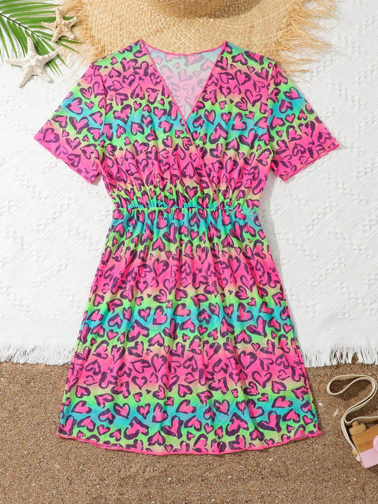 Tween Girl Holiday Love Print Overlap V-Neck Short Sleeve Cover-Up Dress