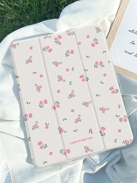 1pc Beautiful Pink Flower & Small Flower Pattern Painted Silicone Tablet Case With Pen Slot, Shockproof, Support Sleep/Wake-Up Function, Compatible With Huawei, Xiaomi, IPad, Samsung