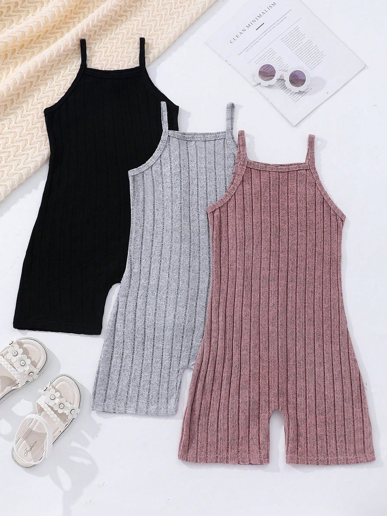 Tween Girl Summer 3pcs Solid Color Ribbed Casual Tank Romper