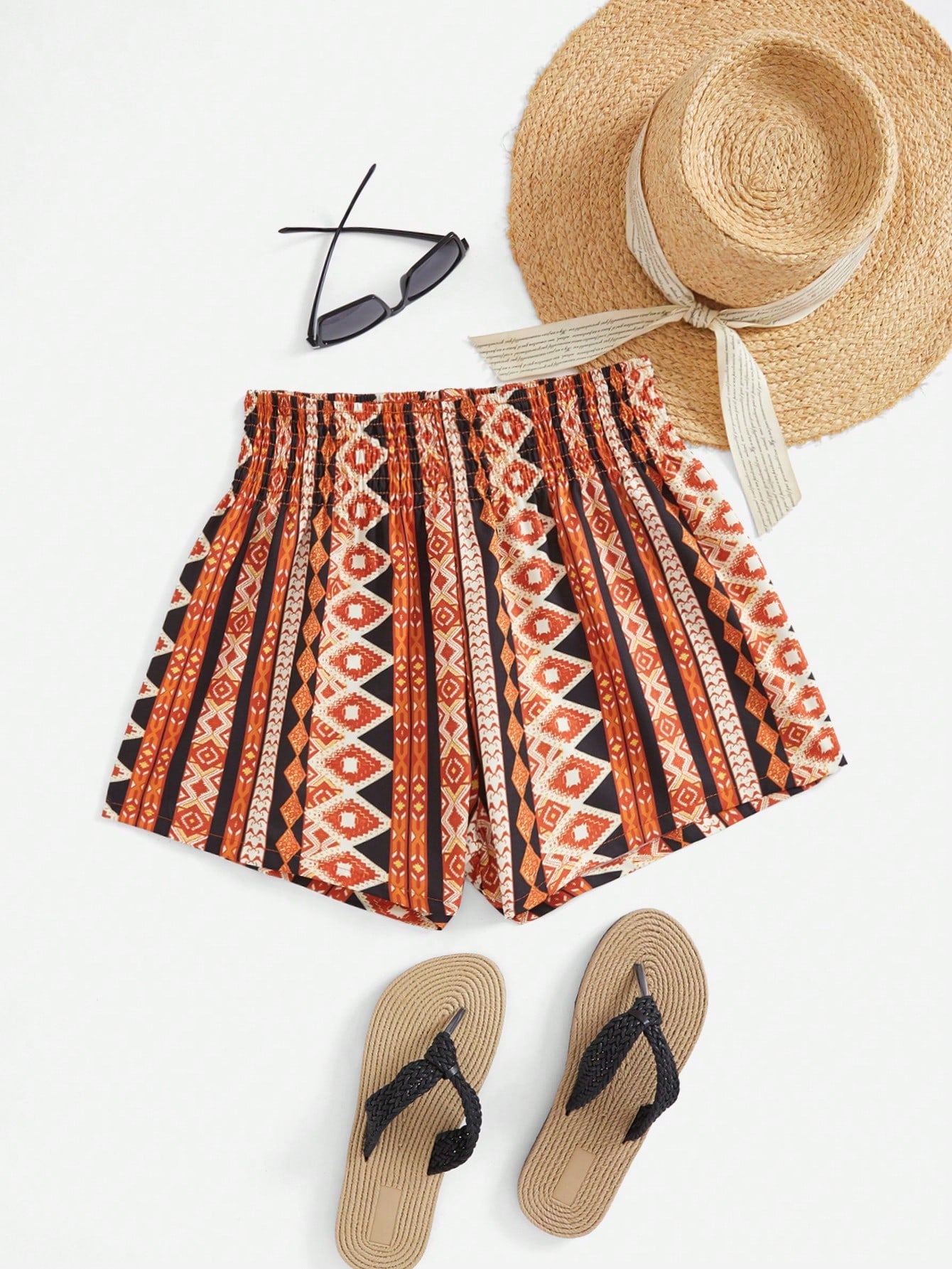 Shirred Waist Geometric Print Summer Casual Beach Women High Waisted Black Shorts