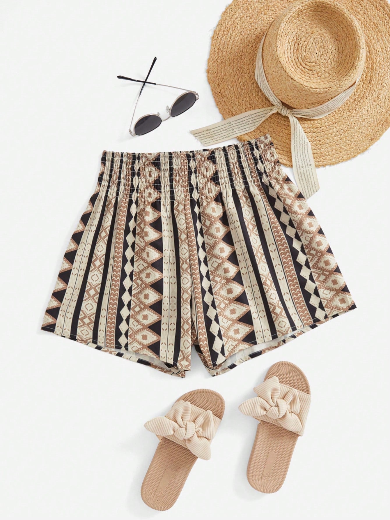 Shirred Waist Geometric Print Summer Casual Beach Women High Waisted Black Shorts