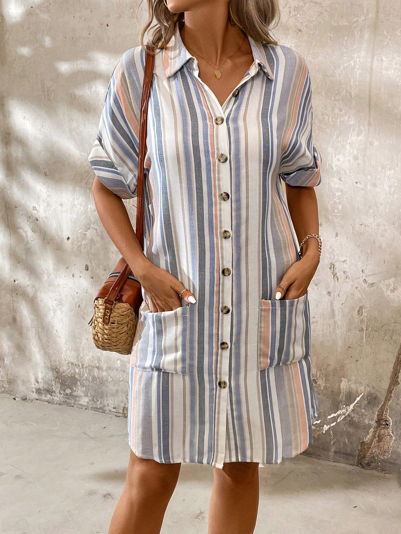 Women's Summer Blue & White Striped Shirt-Style Buttoned Casual Dress With Double Pockets