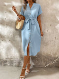 Ladies' Summer Solid Color Linen Vacation Shirt Style Casual Dress