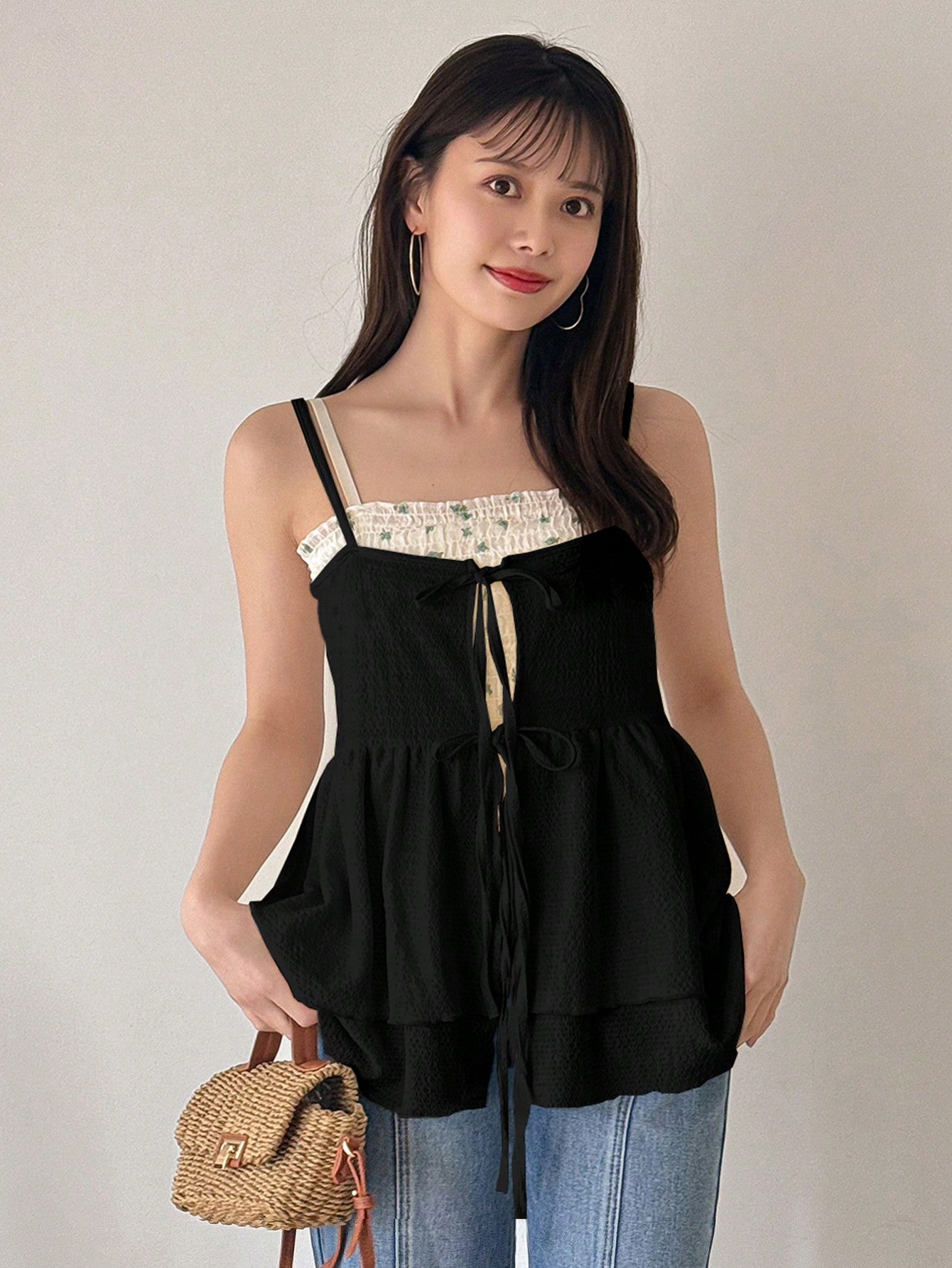 FRIFUL Designer Women's Ruffled Hem Cami Top With Tie Strings