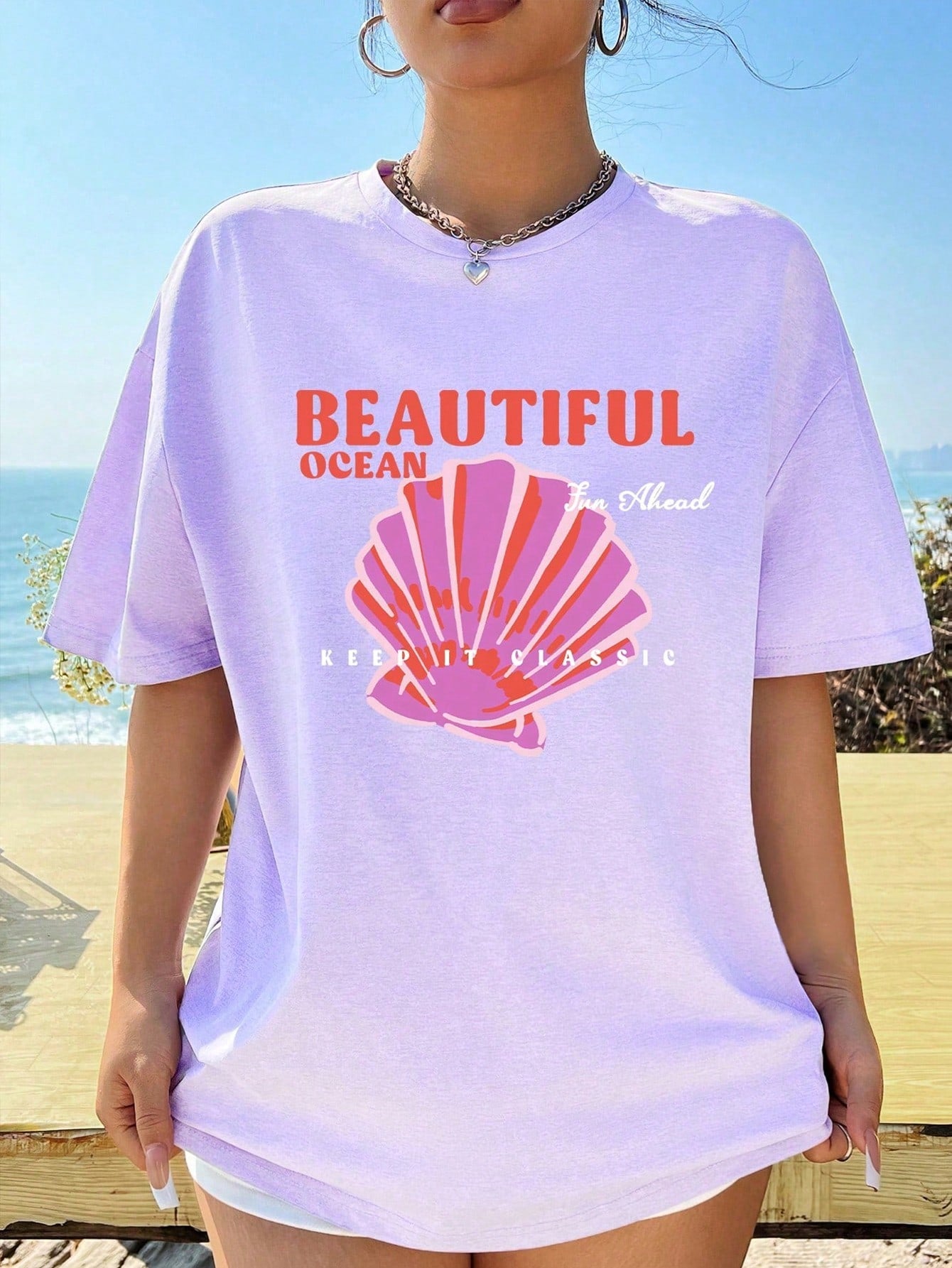 Teen Girl Casual & Simple Shell Pattern Short Sleeve T-Shirt, Perfect For Summer