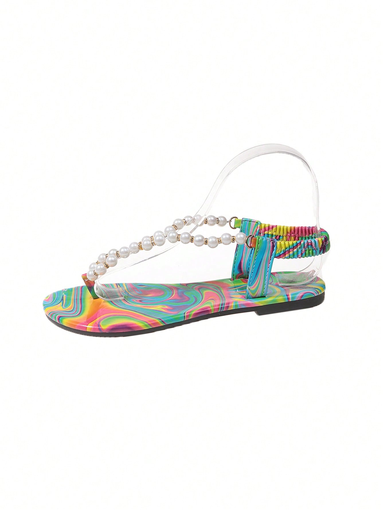 Women's Flat Sandals With Beaded And Rhinestone Detailing, Open Toe Slides With Low Heel For Casual And Elegant Style