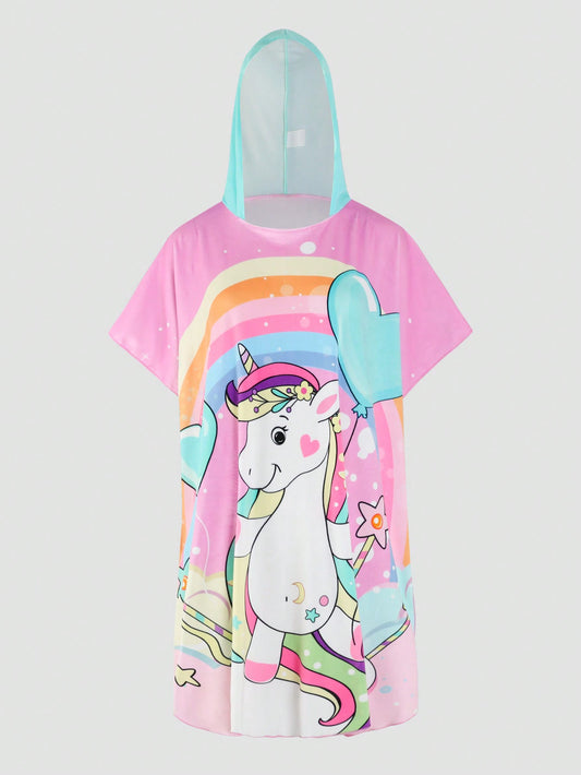 Tween Girl Unicorn Rainbow Print Hooded Cover-Up For Beach Vacation