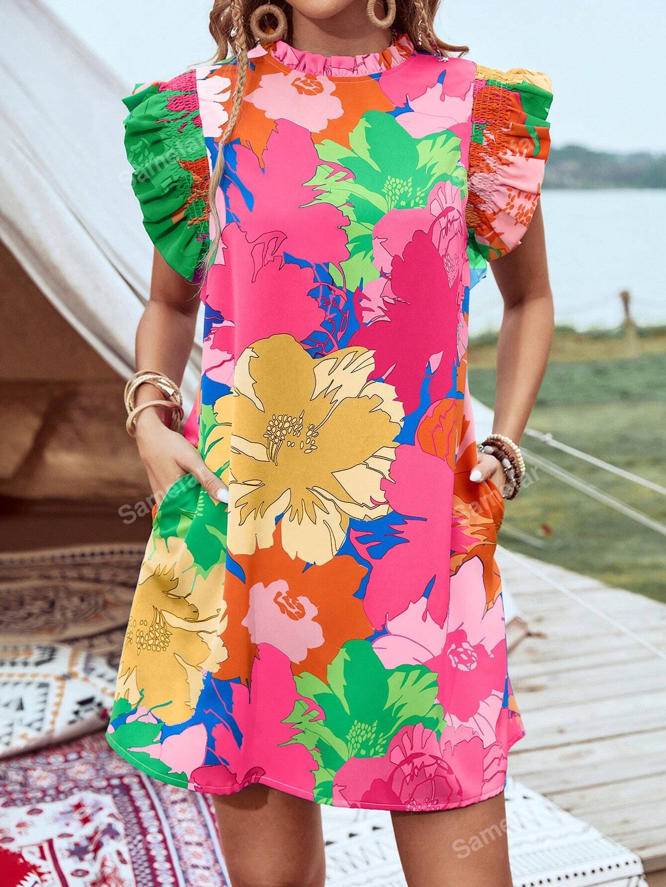 Princess Sleeve Ruffle Tropical Floral Dress With Pocket For Holiday & Casual