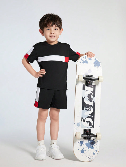 Young Boy Geometric Printed Round Neck Short Sleeve T-Shirt And Shorts Sportswear Set For Summer