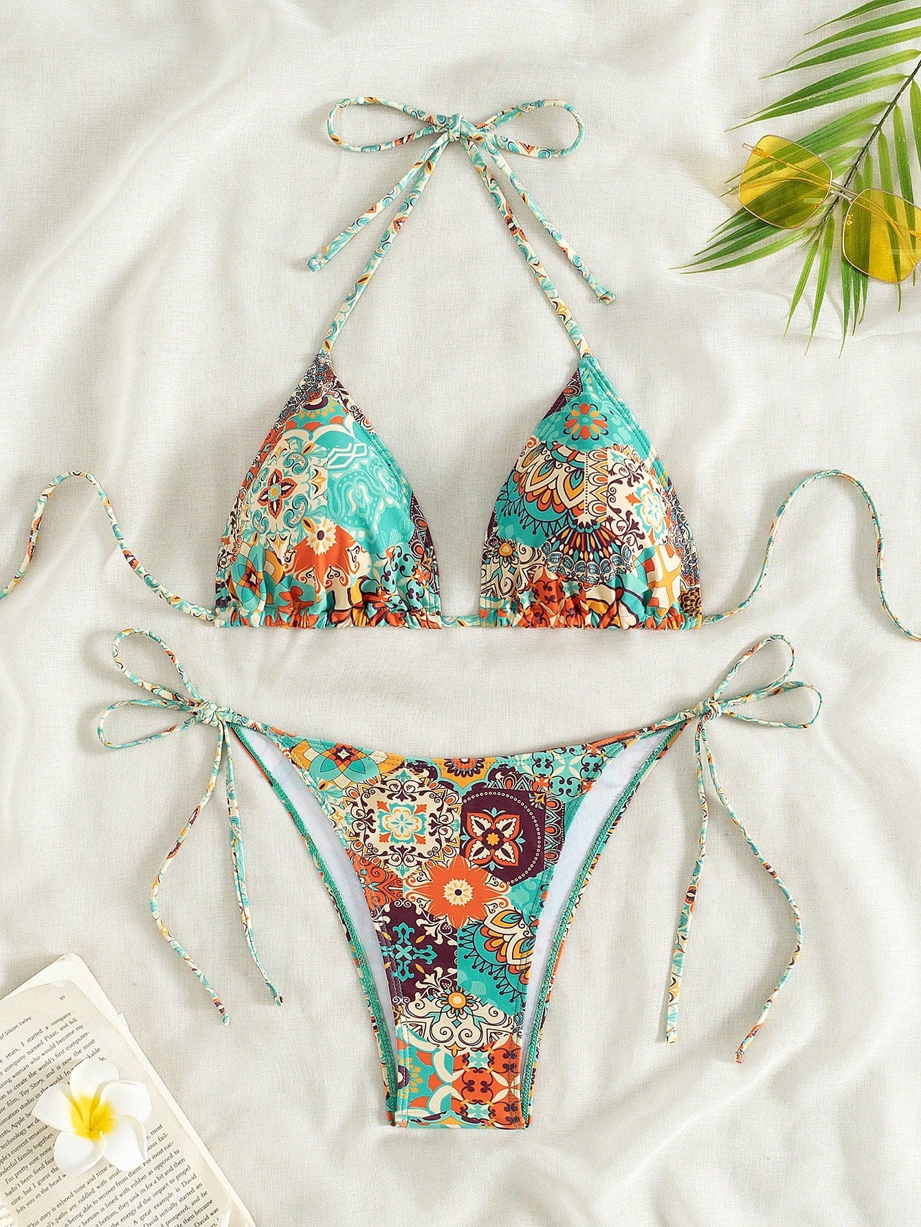 Swim Summer Beach Women's Floral Print Neck-Tie Halter Bikini Set With Random Flower Print For Vacation