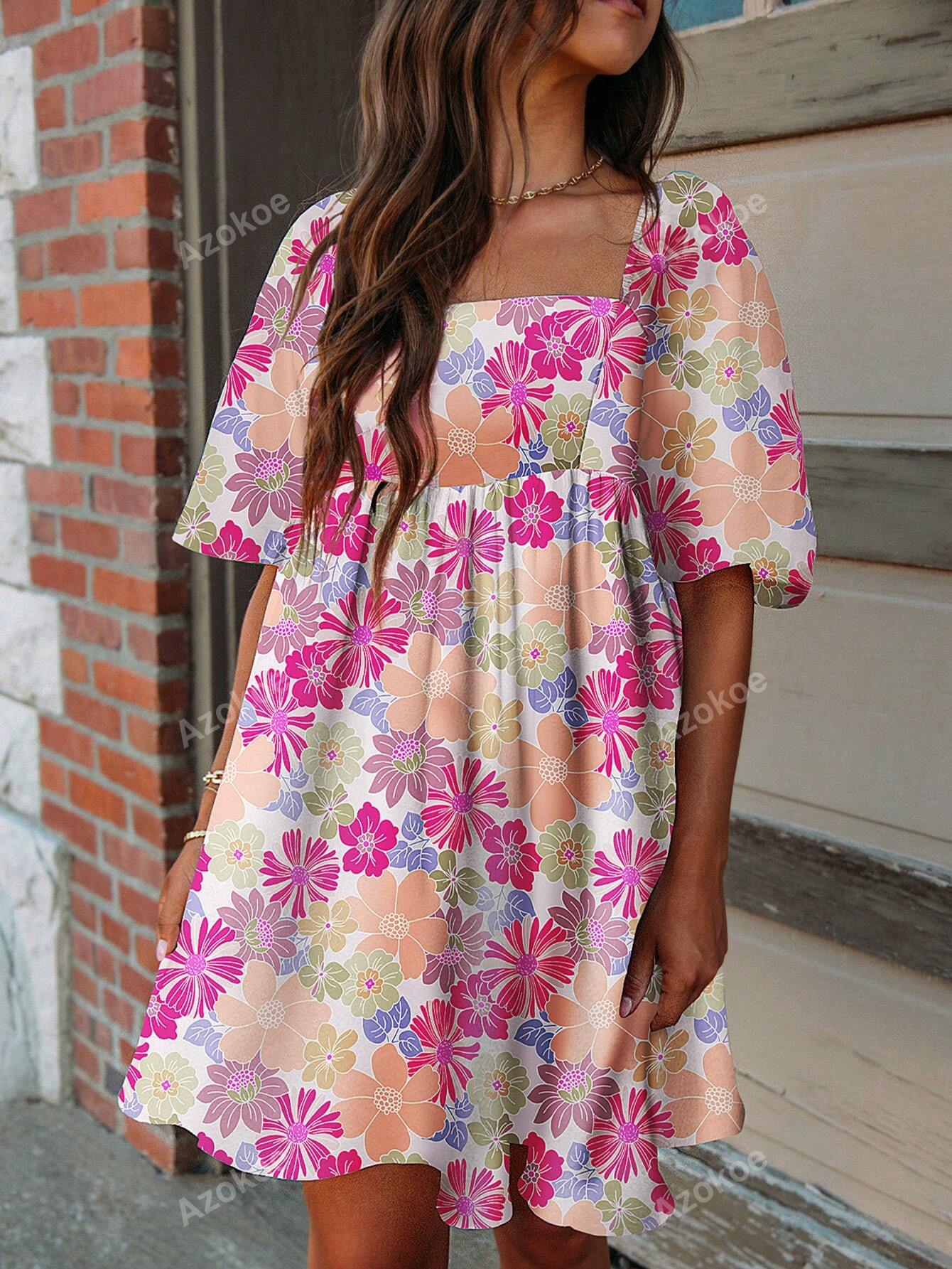 Boho Floral Square Neck Puff Sleeve Babydoll Dress