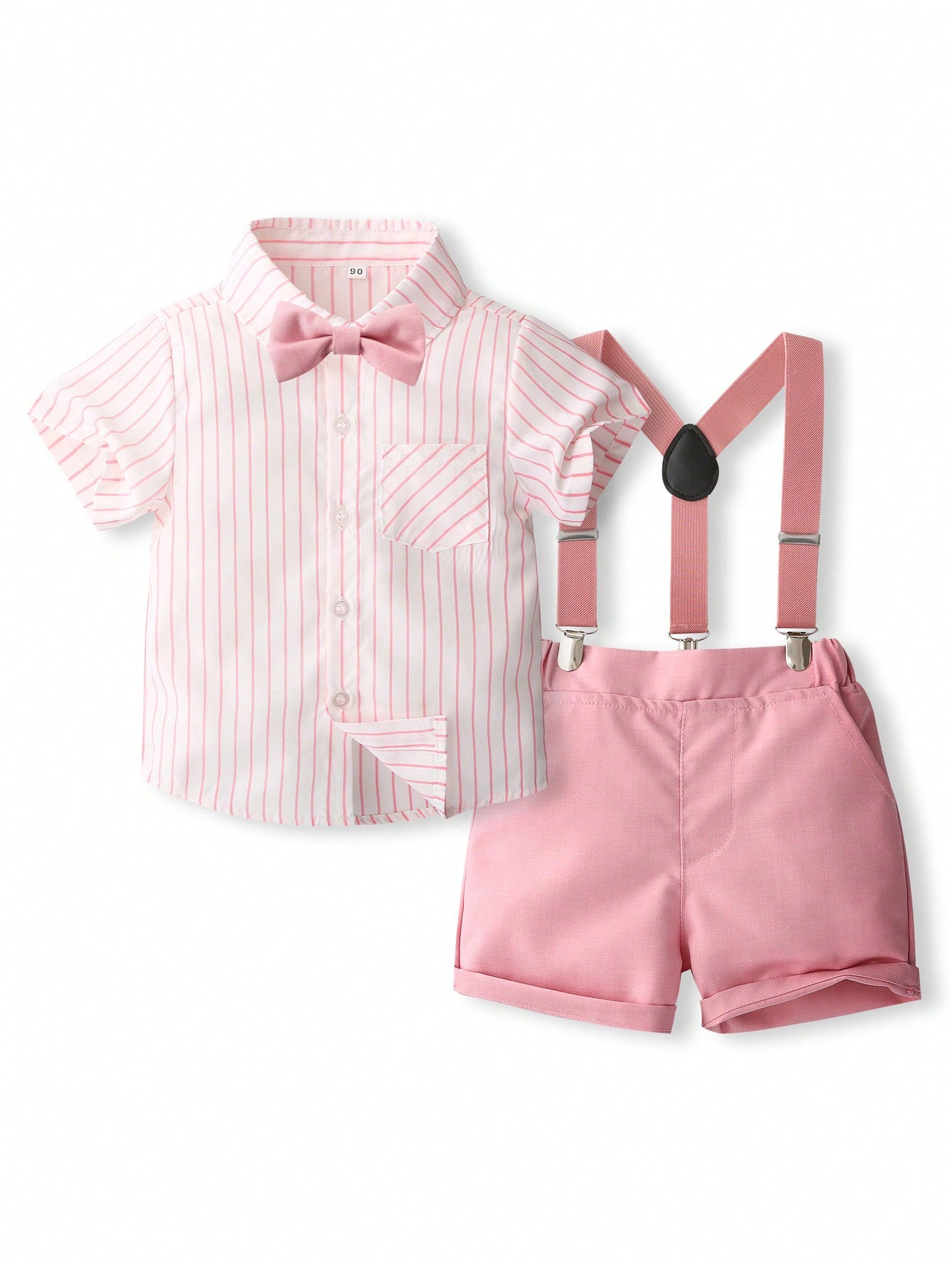 Young Boy Summer Outfits, Short Sleeved Striped Shirt, Suspenders, Pants, Bow Tie, Gentleman Style