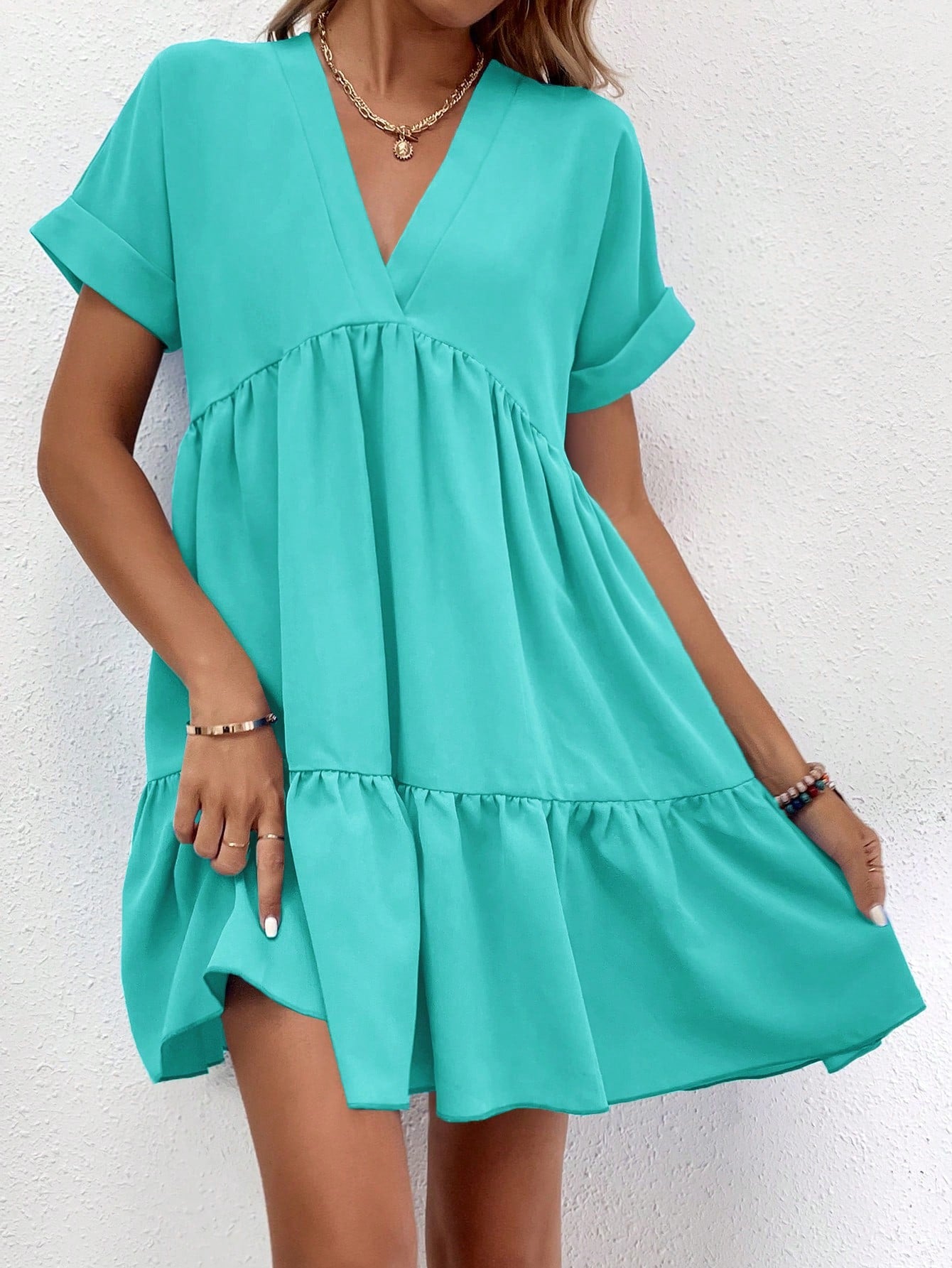 Solid Color Batwing Sleeve Layered Vacation Casual Dress