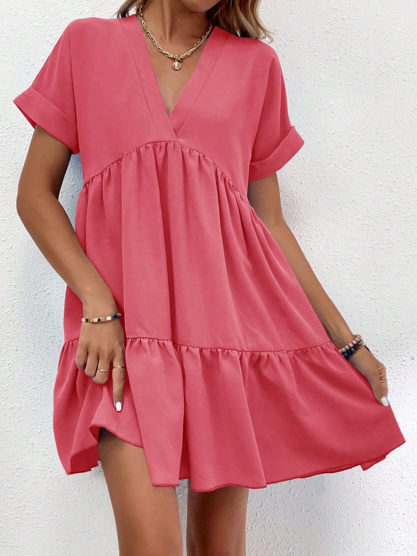 Solid Color Batwing Sleeve Layered Vacation Casual Dress