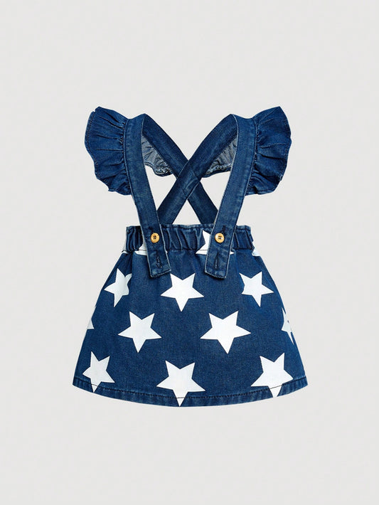 Young Girl Casual Denim Washed Stars Printed Pinafore Dress With Ruffle Hem Decoration, Fashionable And Lovely