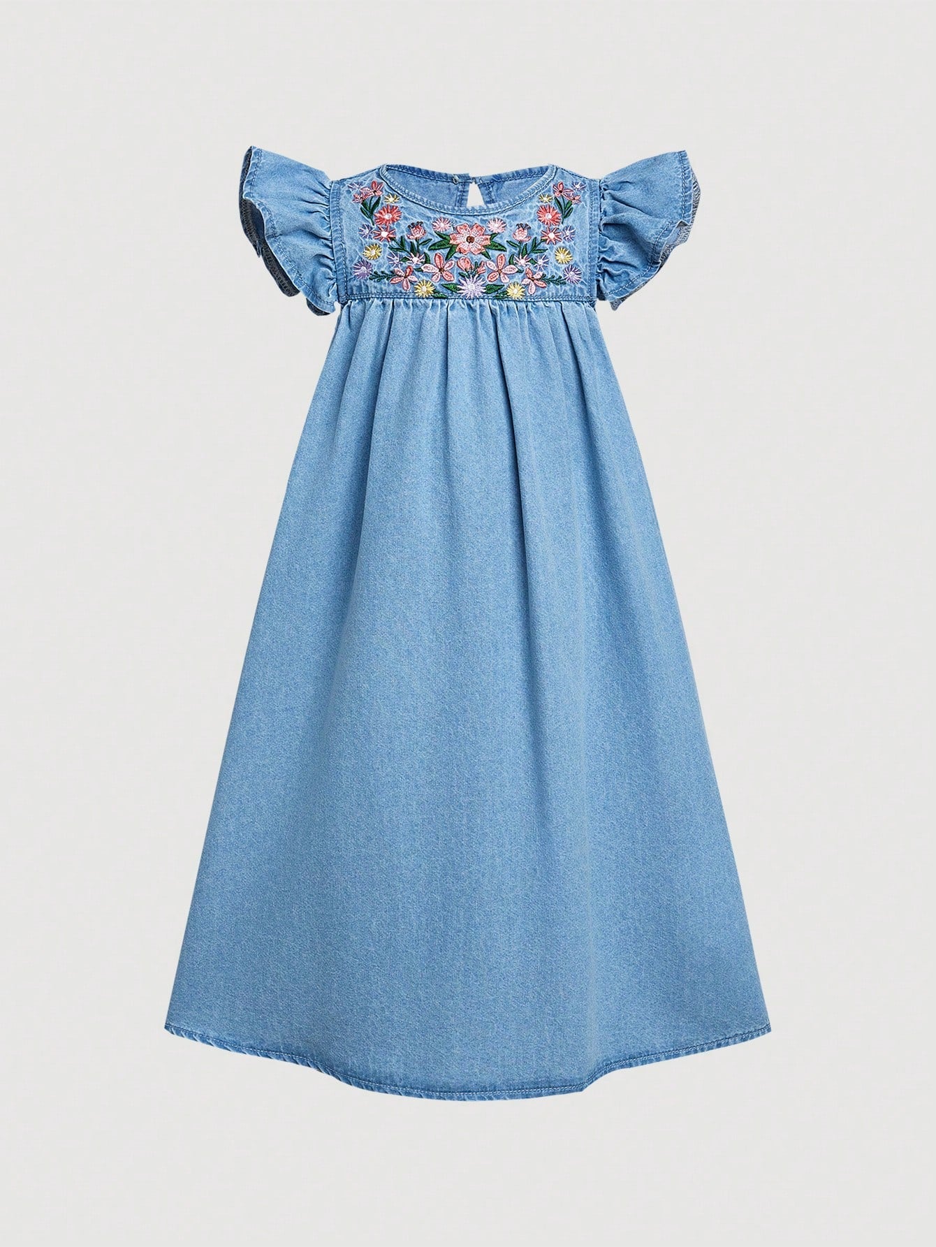 Young Girl Lovely Denim Dress With Floral Embroidery, Short Sleeves And Round Neck For Summer