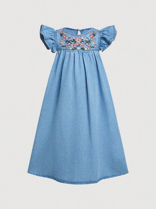 Young Girl Lovely Denim Dress With Floral Embroidery, Short Sleeves And Round Neck For Summer