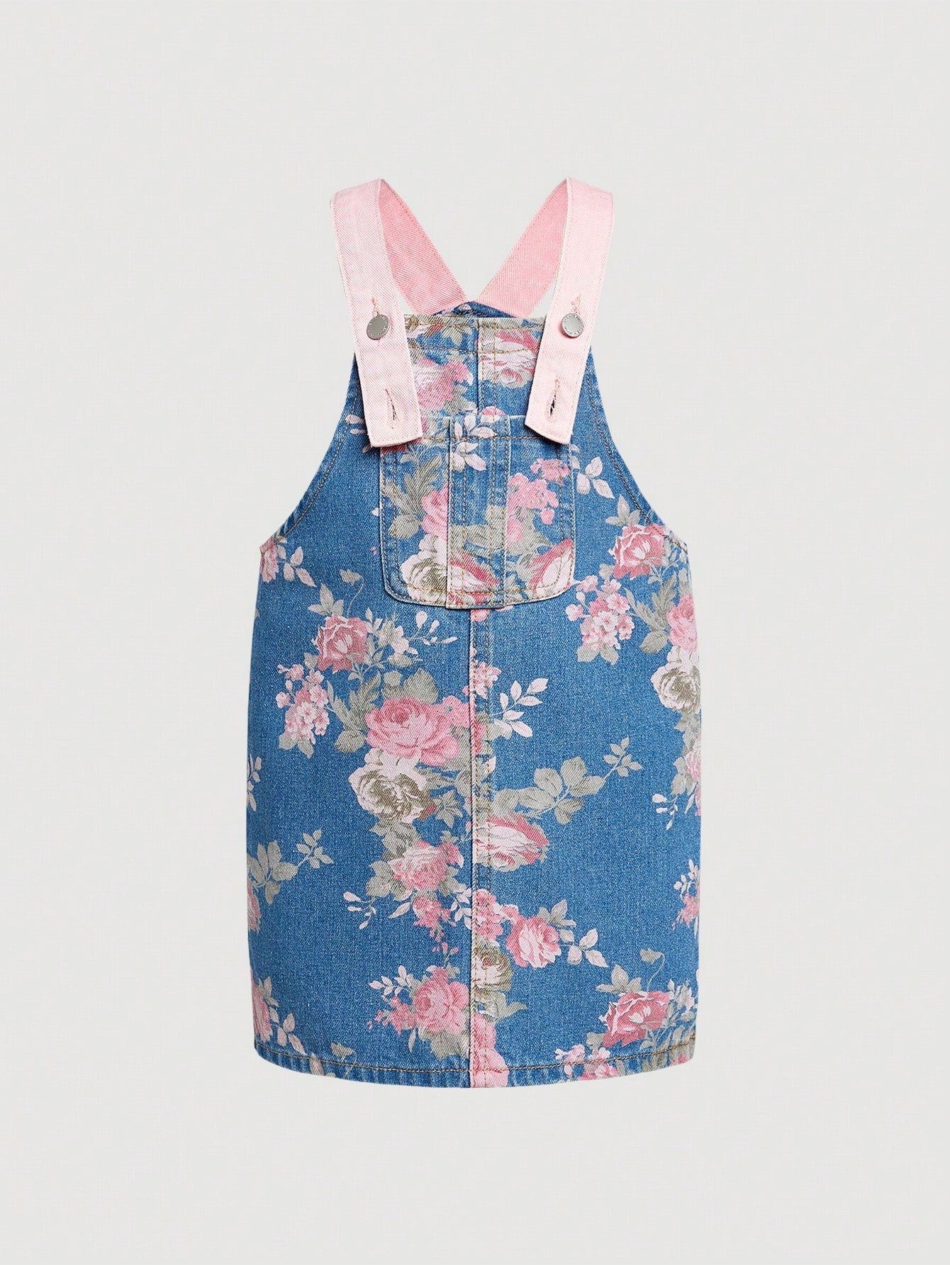 Young Girl Lovely Floral Print Denim Suspender Dress For Vacation