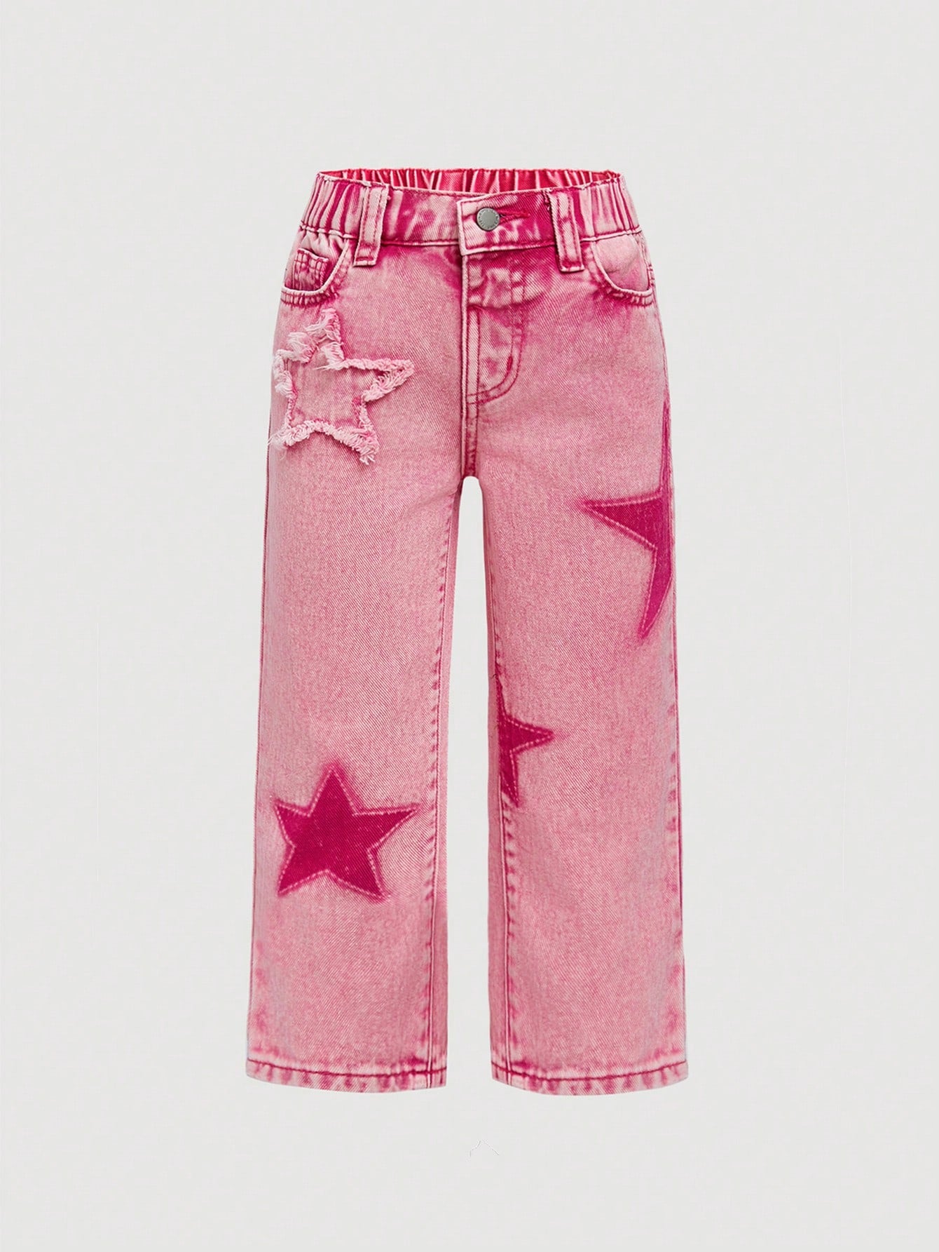 Young Girl Cotton Denim Jeans, Star Printed, Outdoor Leisure Fashion, Water Washed